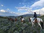 Across a hill of sagebrush the riders have a clear view of a partially clouded evening sky.